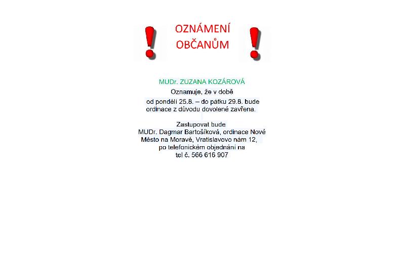 Aktuality - MUDr. Kozárová oznamuje